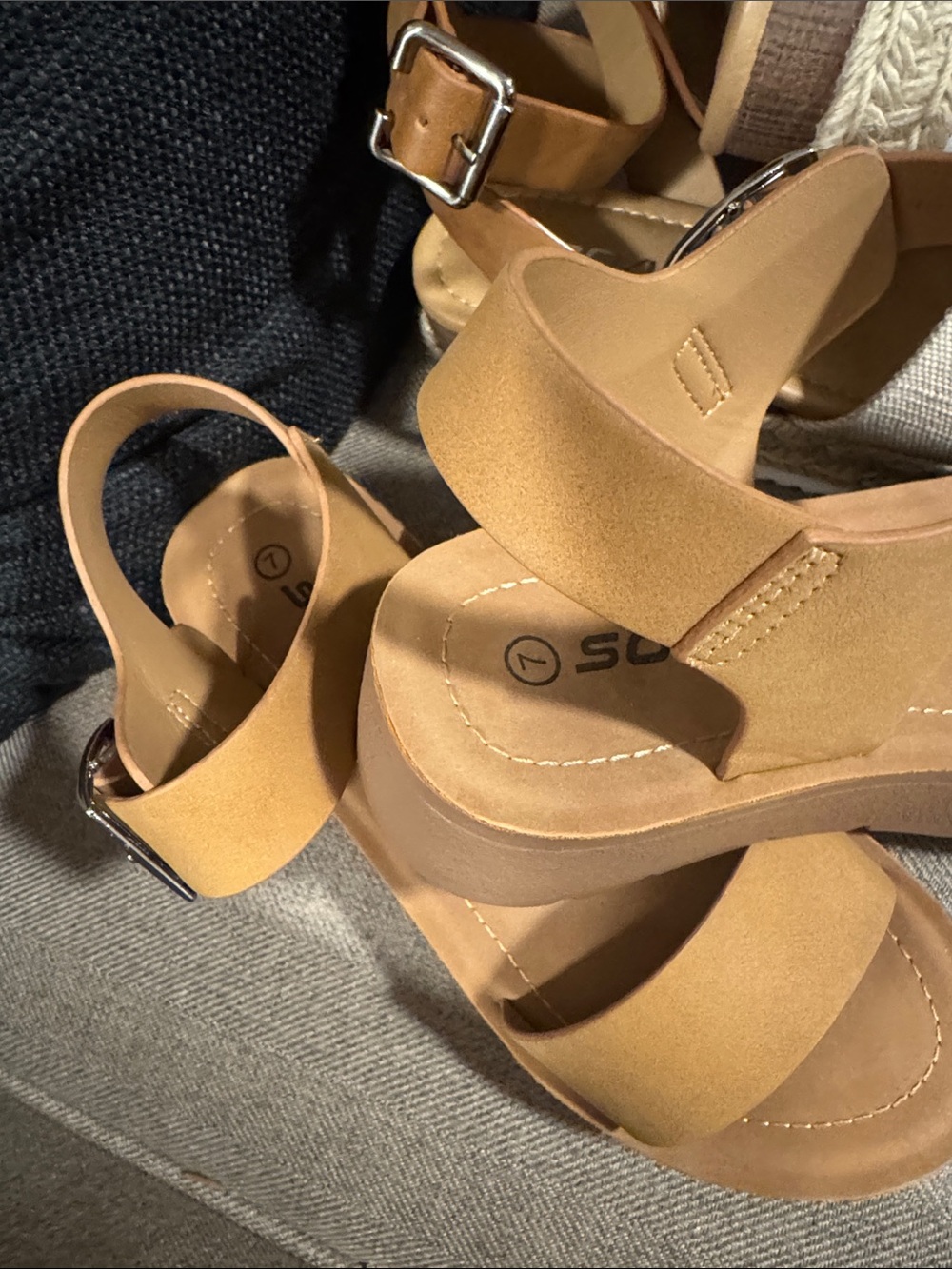 Two pair of Soda Sandals. Tan and Cream Wedge Sandals and Tan Wedge Sandals - Picture 8 of 9